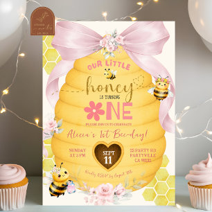  Pink Bow Honey Bee 1st Birthday Invitation