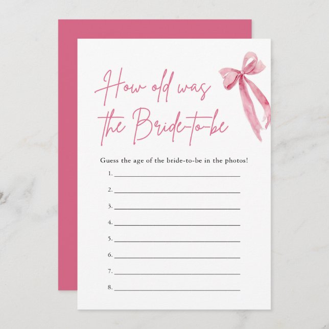 Pink Bow How Old Was the Bride Bridal Shower Game Invitation (Front/Back)