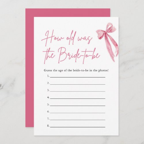 Pink Bow How Old Was the Bride Bridal Shower Game Invitation