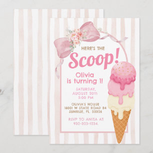 Pink Bow Ice Cream Birthday Invitation