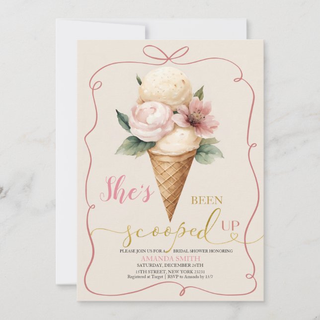 Pink Bow Ice Cream Scooped Up Bridal Shower Invitation (Front)
