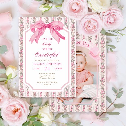 Pink Bow Isnt She Onederful Girl 1st Birthday  Invitation