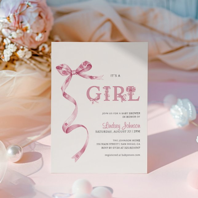 Pink Bow It's A Girl Baby Shower  Invitation (Creator Uploaded)