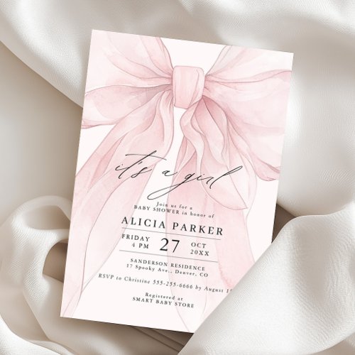 Pink bow its a girl baby shower invitation