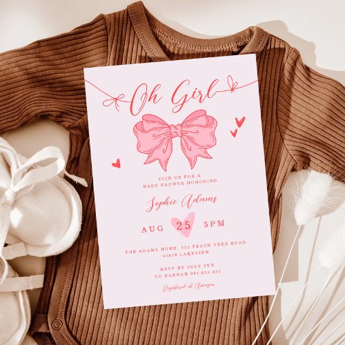 Pink Bow Its a Girl Baby Shower Invitation