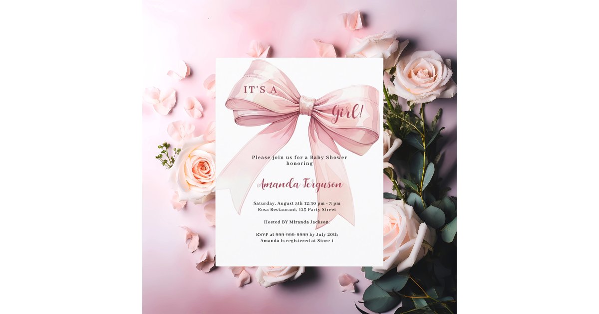 Pink bow it's a girl Baby Shower invitation | Zazzle