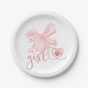Pink Bow It's a Girl Baby Shower Paper Plates
