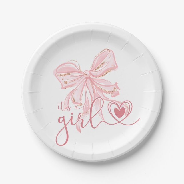 Pink Bow It's a Girl Baby Shower Paper Plates (Front)