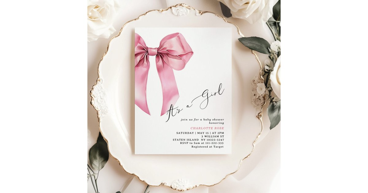 Pink Bow Its a girl elegant Baby Shower Invitation | Zazzle