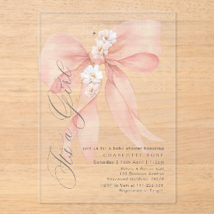 Pink Bow Its a girl Floral pastel Baby Shower Acrylic Invitations