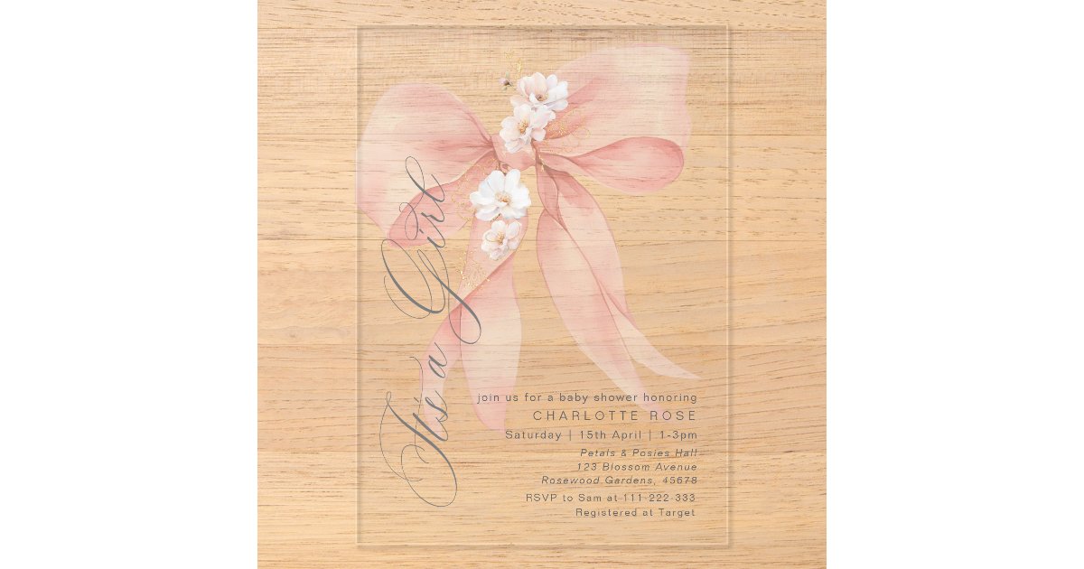Pink Bow Its a girl Floral pastel Baby Shower Acrylic Invitations | Zazzle