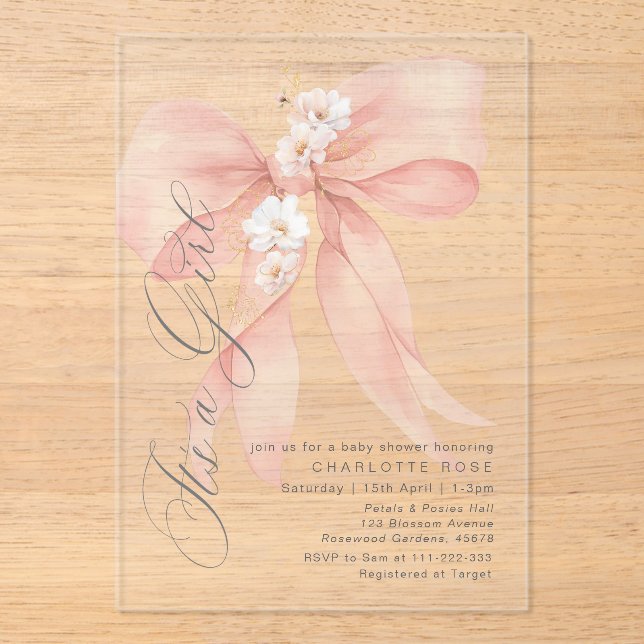 Pink Bow Its a girl Floral pastel Baby Shower Acrylic Invitations (Front)