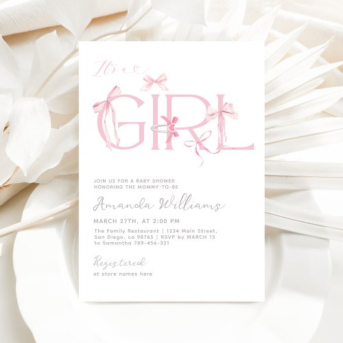 Pink Bow Its a Girl Modern Baby Shower Invitation