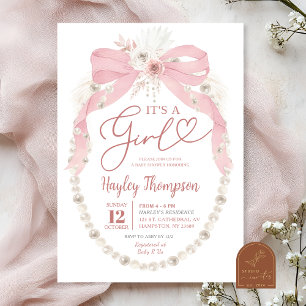 Pink Bow It's a Girl Pearl Baby Shower Invitation