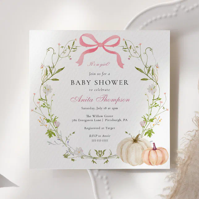Pink Bow It's a Girl Pumpkin Baby Shower Invitation | Zazzle