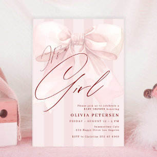 Pink bow its a girl script girl baby shower invitation