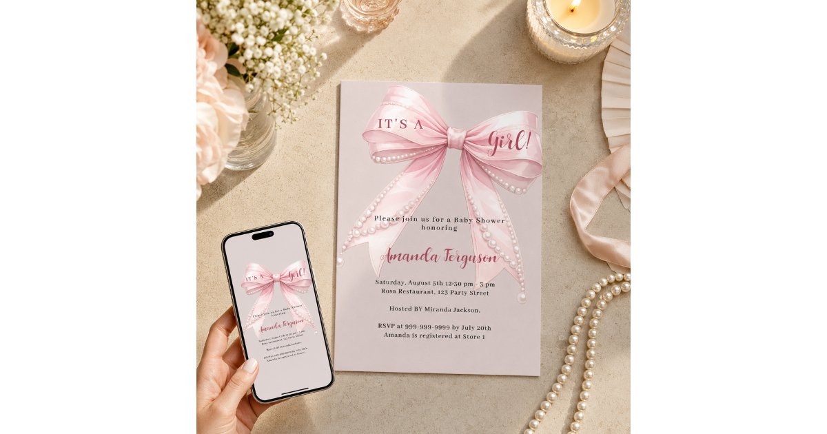 Pink bow it's a girl taupe Baby Shower Invitation | Zazzle