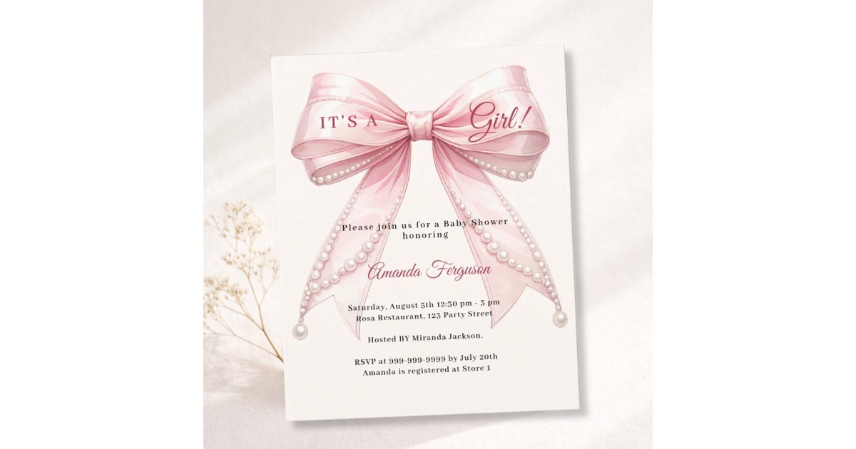 Pink bow ivory it's a girl Baby Shower invitation | Zazzle