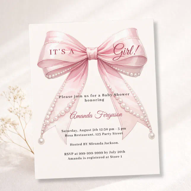 Pink bow ivory it's a girl Baby Shower invitation | Zazzle