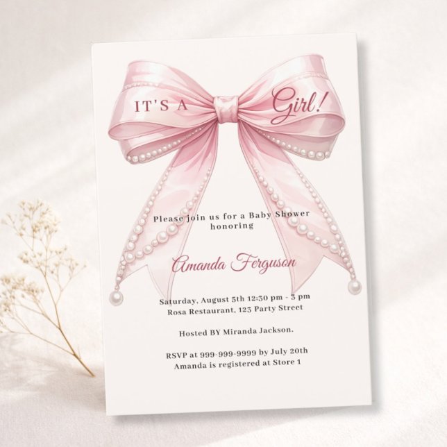 Pink bow ivory it's a girl pearls Baby Shower Invitation (Creator Uploaded)
