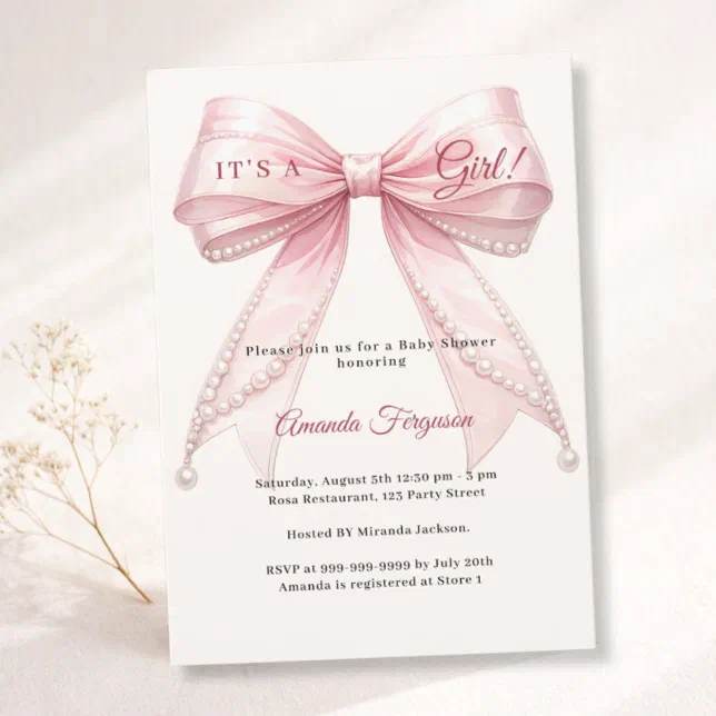 Pink bow ivory it's a girl pearls Baby Shower Invitation | Zazzle