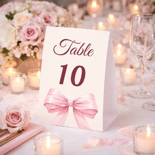 Pink bow ivory party table number paper table tent 