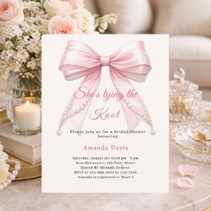 Pink bow ivory pearl knot Bridal Shower invitation