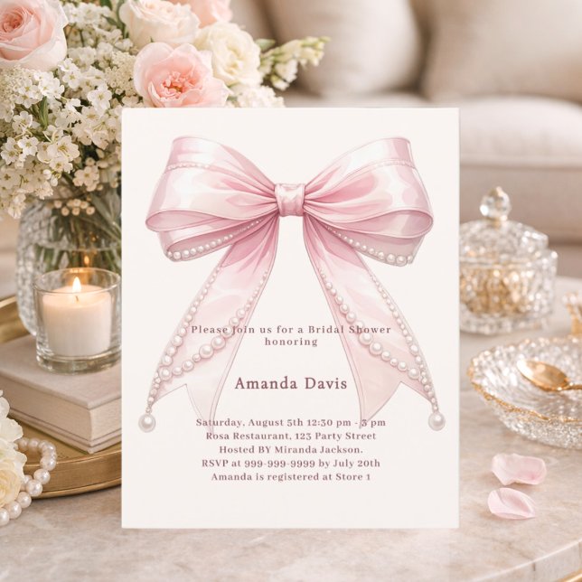 Pink bow ivory pearls Bridal Shower invitation (Creator Uploaded)