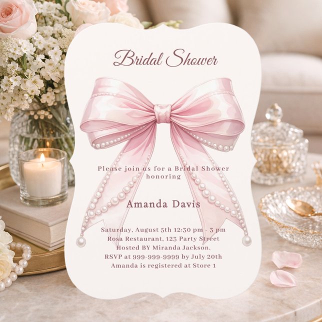 Pink bow ivory pearls elegant Bridal Shower Invitation (Creator Uploaded)