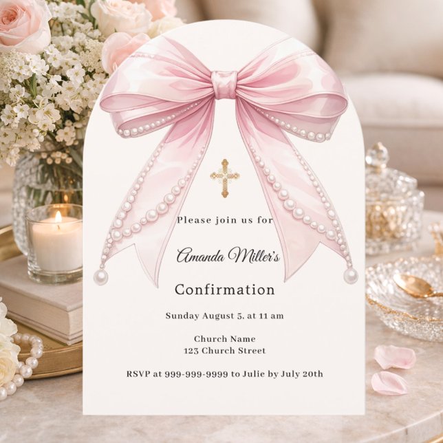 Pink bow ivory pearls girl Confirmation arch Invitation (Creator Uploaded)