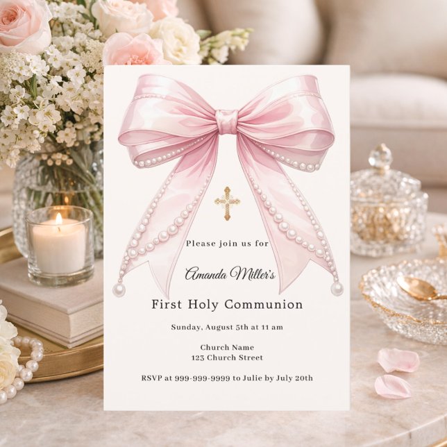 Pink bow ivory pearls girl elegant First Communion Invitation (Creator Uploaded)