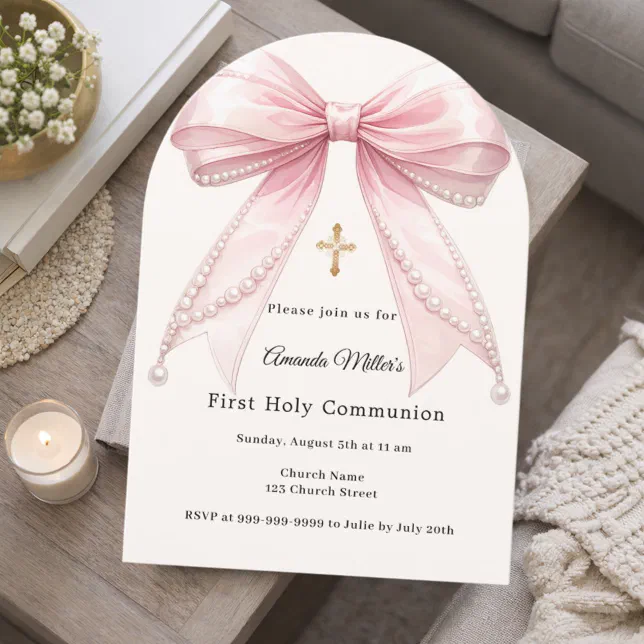 Pink bow ivory pearls girl First Communion Arch Invitation | Zazzle