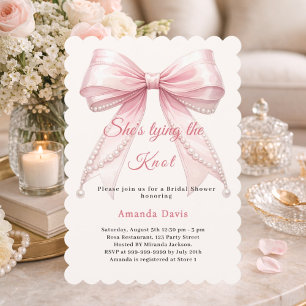 Pink bow ivory pearls tying knot Bridal Shower Invitation