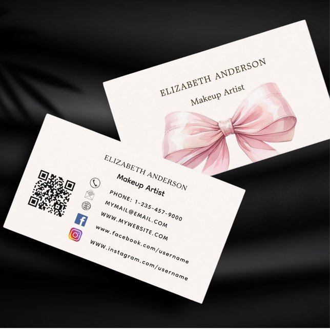 Pink bow ivory qr code social media business card (Creator Uploaded)