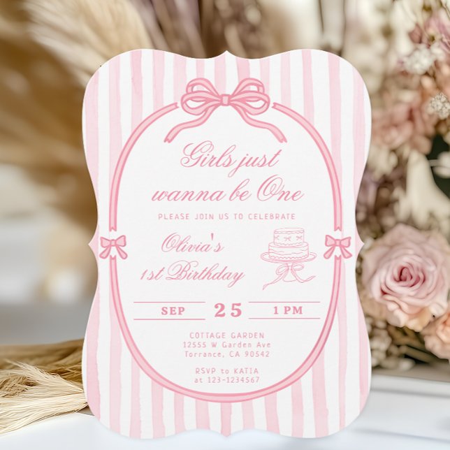 Pink Bow Just Wanna be One First Birthday Invitation (Creator Uploaded)
