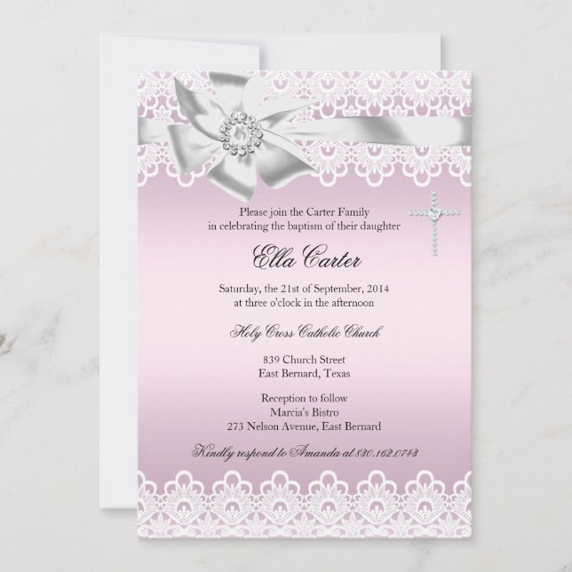 Pink Bow & Lace Cross Girl Baptism Invitation (Front)
