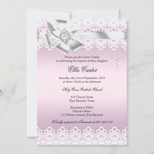 Pink Bow  Lace Cross Girl Baptism Invitation