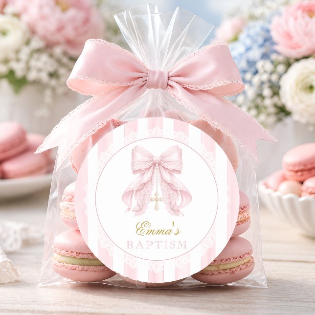 Pink Bow Lace Girl Baptism Classic Round Sticker (Creator Uploaded)