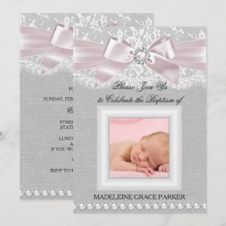 Pink Bow & Lace Photo Baptism/Christening Invite