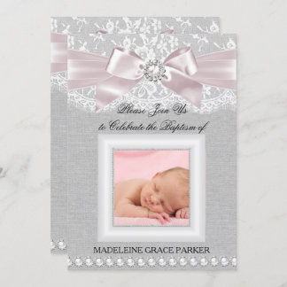 Pink Bow & Lace Photo Baptism/Christening Invite