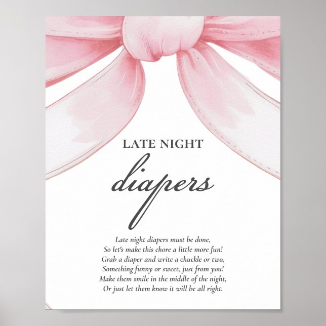 Pink Bow Late Night Diapers Baby Shower Game Poster (Front)