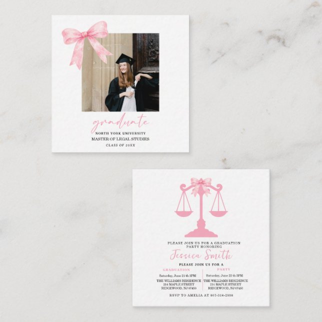 Pink Bow Law University Graduation Party  Enclosure Card (Front/Back)