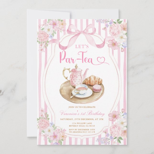Pink Bow Let’s Par-tea Girl Birthday Stripe Floral Invitation (Front)