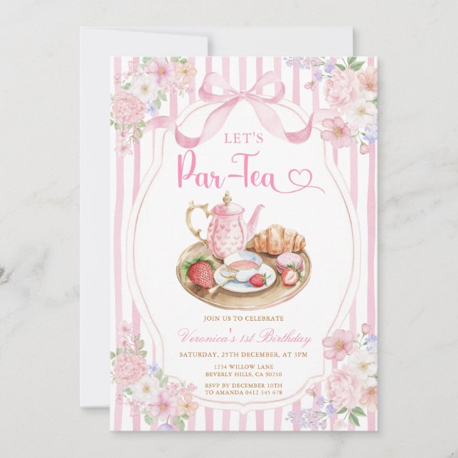 Pink Bow Let’s Par-tea Girl Birthday Stripe Floral Invitation (Front)