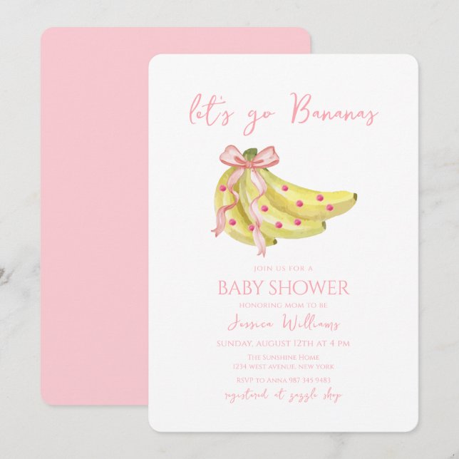 Pink Bow Let's Go Bananas Baby Shower Invitation (Front/Back)