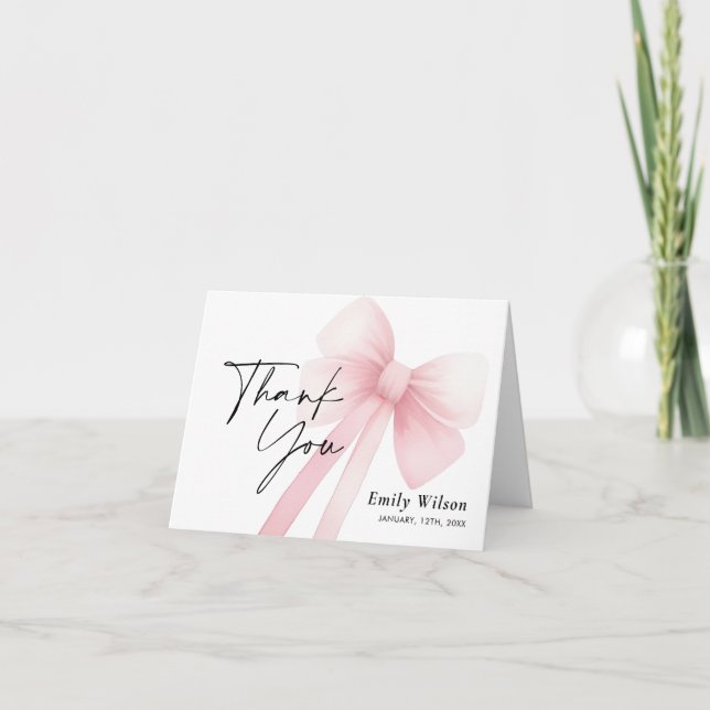 Pink Bow  Letterpress Thank You Card (Front)