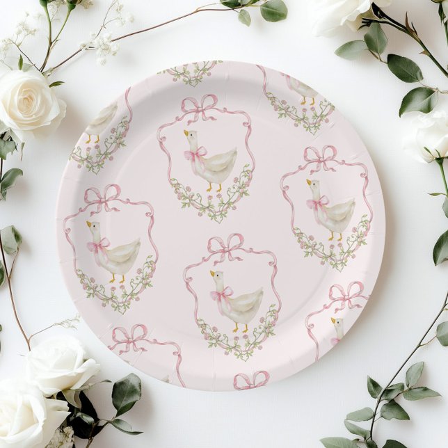 Pink Bow Little Goose floral Crest baby shower Paper Plates (Creator Uploaded)
