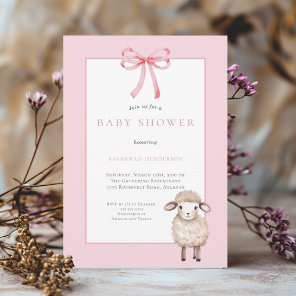 Pink Bow Little Lamb Baby Shower Invitation