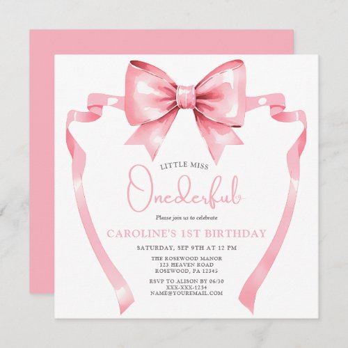 Pink Bow Little Miss Onederful First Birthday Invitation