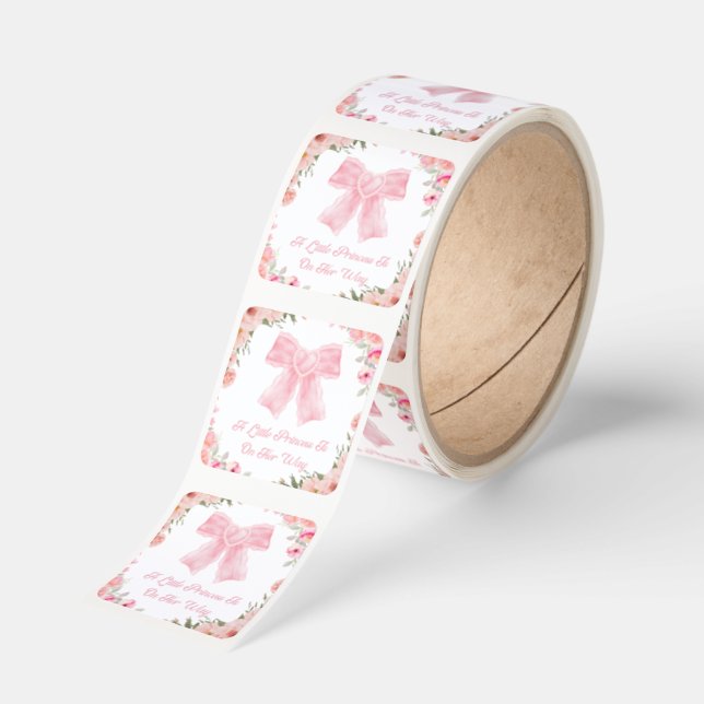 pink bow,little princess, girl baby shower floral  square sticker (Roll)